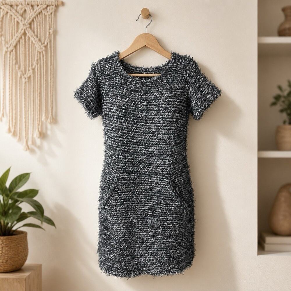 ZARA Dress Womens L Gray Tweed Short Sleeve Sheath Scoop Neck Pockets Mobwife